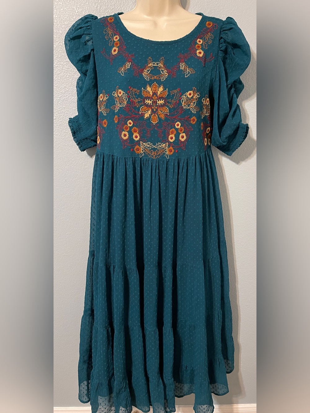 Antheaa Teal Embroidered Swiss Dot Tiered Midi Dress Puff Sleeve Boho Medium - Picture 2 of 7